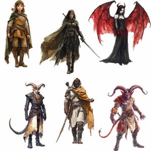 May include: A group of fantasy characters, including a human woman with a sword, a human man with a bow and arrow, a demon with red wings, a demon with horns, a goblin with horns, and a human with a green cloak and a bow and arrow.