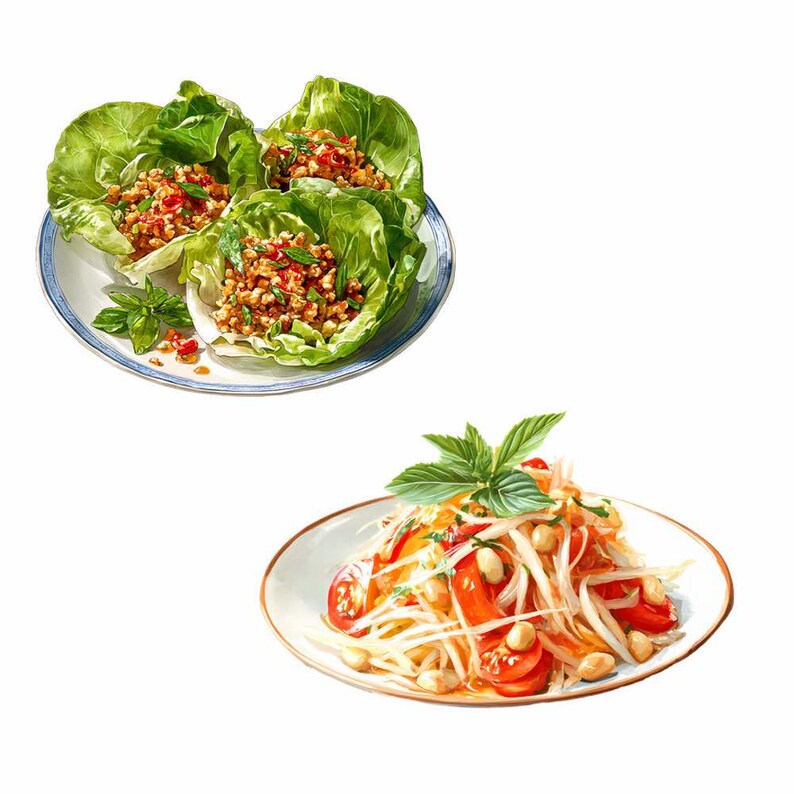 Thai Food Clipart Digital Downloads Restaurant Asian Watercolor Overlay Noodles, Curry, Rice, Stir Fry, Soup, Summer Rolls, Seafood image 7