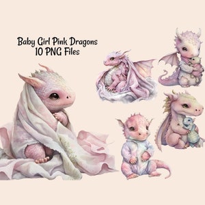 Pink Girl Baby Dragons Clipart Digital Downloads, 10 Overlays Baby Shower, High Quality Transparent Background, Art Prints, Shirts, Stickers