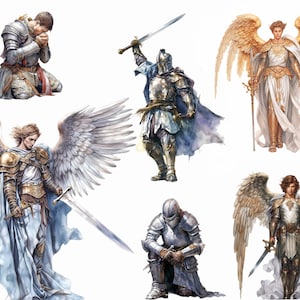 Puede incluir: Seis ilustraciones de &aacute;ngeles y caballeros con armadura. Los &aacute;ngeles tienen grandes alas blancas o doradas y llevan armadura. Los caballeros est&aacute;n arrodillados o de pie con espadas. Las ilustraciones est&aacute;n pintadas en un estilo realista.