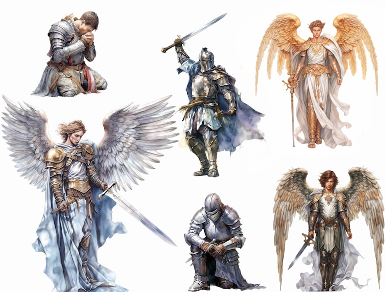 Puede incluir: Seis ilustraciones de &aacute;ngeles y caballeros con armadura. Los &aacute;ngeles tienen grandes alas blancas o doradas y llevan armadura. Los caballeros est&aacute;n arrodillados o de pie con espadas. Las ilustraciones est&aacute;n pintadas en un estilo realista.