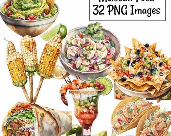 Meksykańskie jedzenie clipart cyfrowe pliki do pobrania, nakładka akwarelowa, 23 Comida Mexicana Tacos Enchilada Guacamole Tamales Nachos Burrito