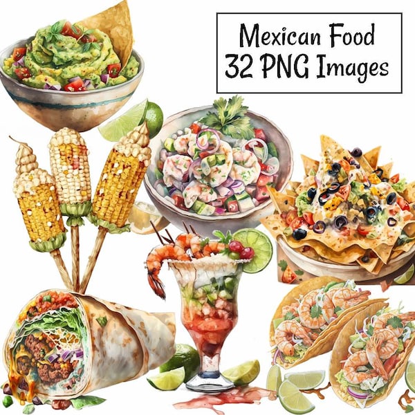 Mexican Food Bundle Clipart Digital Downloads, Watercolor Overlay ,23 Comida Mexicana Tacos Enchilada Guacamole Tamales Nachos Burrito