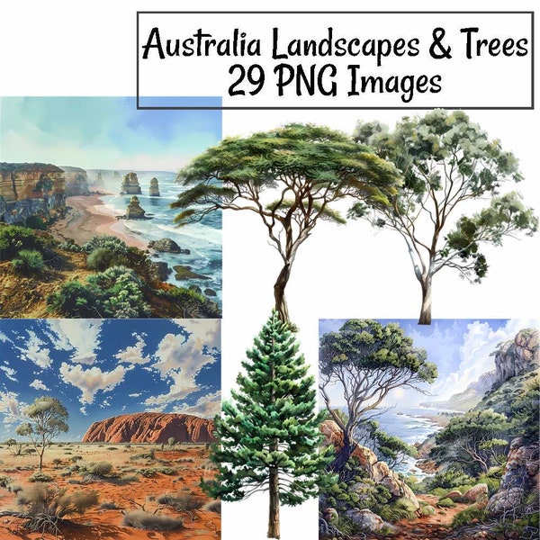 Australia Landscapes & Trees Clipart, 29 Watercolor Digital Downloads, Victoria Beach Outback Desert Queensland Uluru, Eucalyptus Acacia