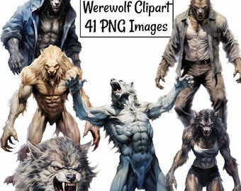 Werewolf Lycan Clipart Watercolor Printable Digital Downloads, 19 Fantasy Lycanthropy Wolves Shapeshift Overlay Transparent Background