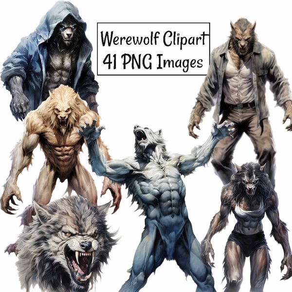 Werewolf Lycan Clipart Watercolor Printable Digital Downloads, 19 Fantasy Lycanthropy Wolves Shapeshift Overlay Transparent Background