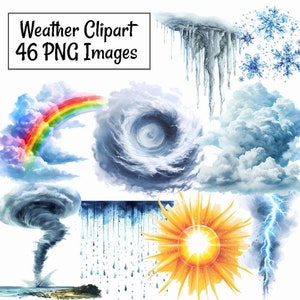 Weather Clipart Bundle Digital Downloads, 46 Watercolor Rainbow Sun Lightning Clouds Snow Rain landscapes, Commercial use PNG files