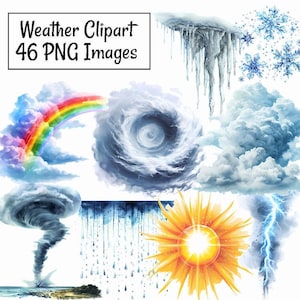 Weather Clipart Bundle Digital Downloads, 46 Watercolor Rainbow Sun Lightning Clouds Snow Rain landscapes, Commercial use PNG files