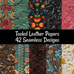 May include: A collection of 42 seamless digital paper designs featuring tooled leather patterns. The designs include floral, geometric, and abstract patterns in various colors, including brown, green, blue, red, and white.
