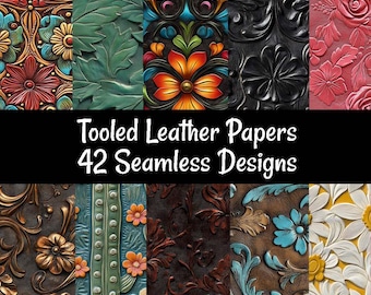 May include: A collection of 42 seamless digital paper designs featuring tooled leather patterns. The designs include floral, geometric, and abstract patterns in various colours, including brown, green, blue, red, and white.