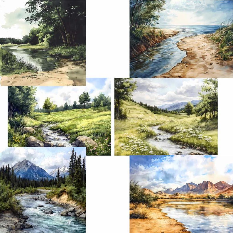 K&ouml;nnte beinhalten: Eine Sammlung von Aquarell-Landschaftsbildern, die ruhige Naturszenen darstellen. Die Kunstwerke zeigen Fl&uuml;sse, B&auml;che und Gew&auml;sser, die durch &uuml;ppige gr&uuml;ne Felder, W&auml;lder und Berge unter bew&ouml;lktem Himmel flie&szlig;en.
