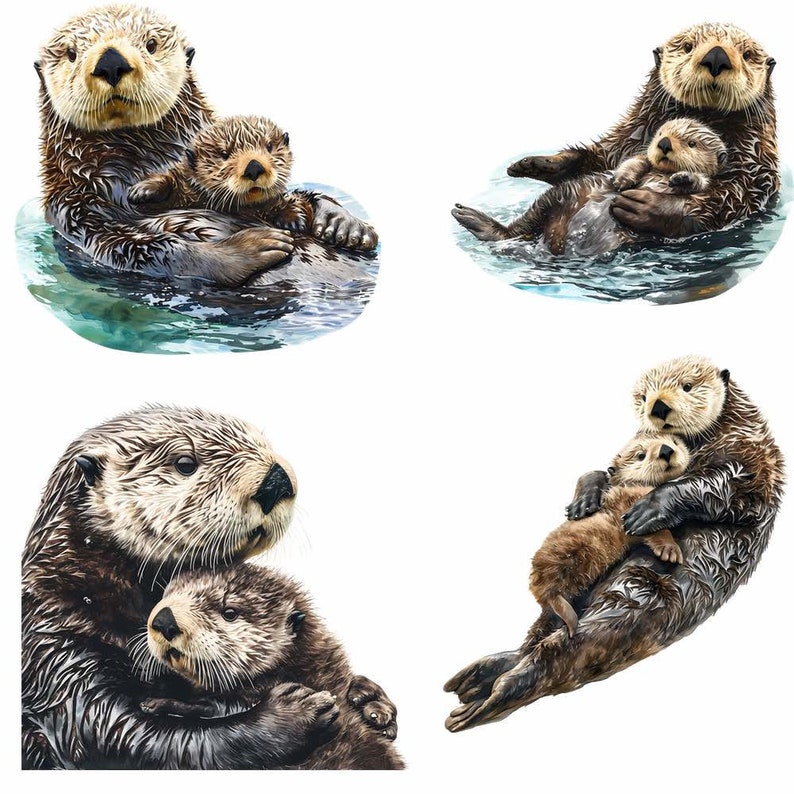 May include: Four watercolor illustrations of sea otters. Two of the illustrations show a mother otter holding her pup. The other two illustrations show the mother and pup swimming together.