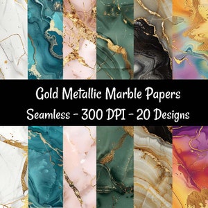 May include: A collection of 20 seamless digital papers featuring gold metallic marble patterns. The papers are 300 DPI and perfect for crafting, scrapbooking, and digital design projects.