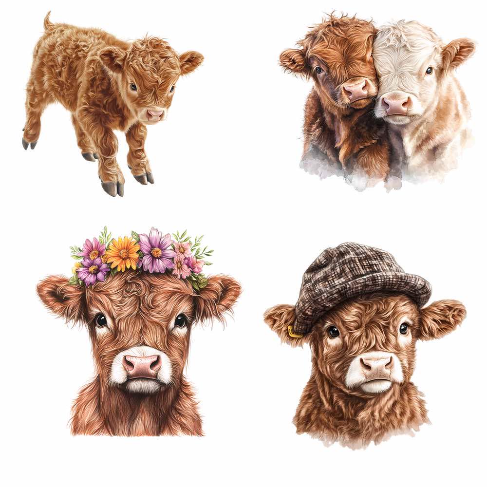 Baby Highland Cow Clipart Watercolor Digital Downloads Illustration ...