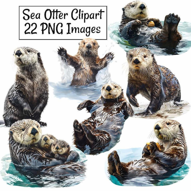May include: A collection of 22 digital images featuring sea otters in various poses. The otters are depicted in a natural setting, swimming and playing in the water. The images are high-quality and perfect for use in crafts, scrapbooking, or digital design projects.