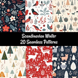 Carte digitali scandinave senza soluzione di continuità per Natale, 20 modelli minimalisti nordici invernali per le vacanze, animali del bosco, alberi, renne, fiori