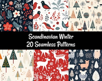 Scandinavian Seamless Christmas Digital papers, 20 Holiday Winter Nordic Minimalistic Patterns, Woodland Animals Trees Reindeer Flowers