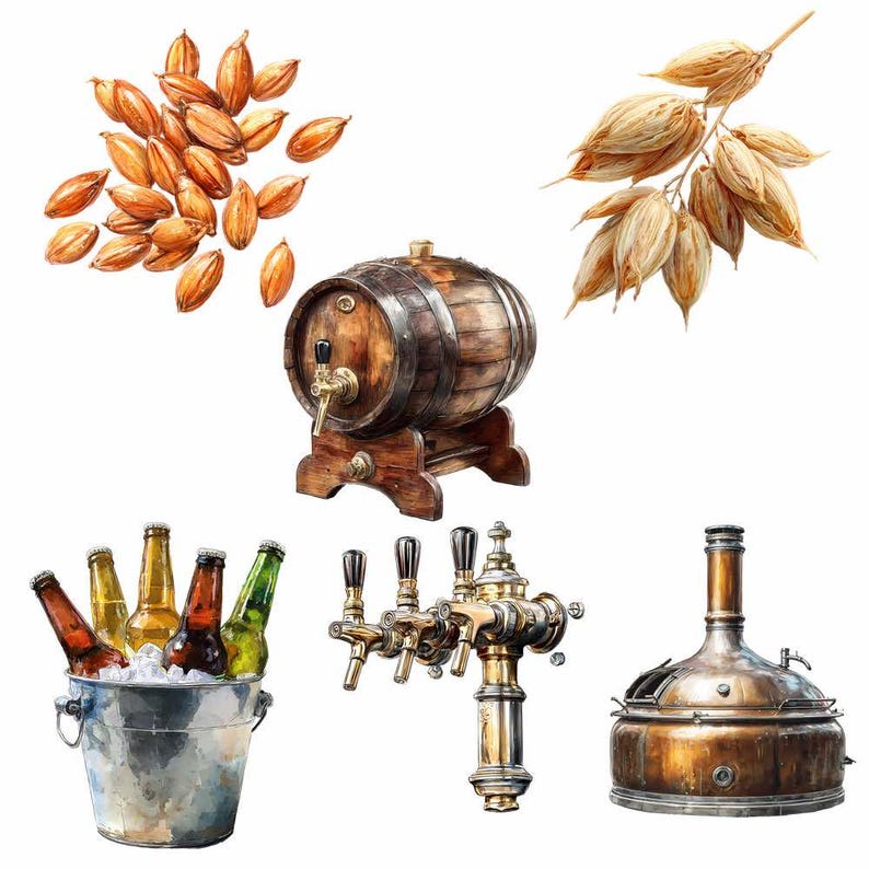 Beer Clipart Alcohol Digital Downloads Drinks Watercolor Bartender Overlay Beer bottles Lager Hops PNG Can Images Beverage Bar Distillery image 5