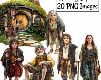 May include: Watercolor illustration of several hobbit characters with a hobbit hole in the background. The image includes the text "Halfling Clipart 20 PNG Images". The characters are dressed in earthy tones and are holding walking sticks.