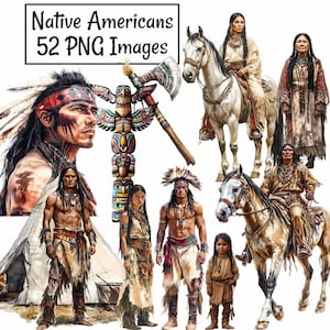 Op de afbeelding: Een verzameling illustraties met een Native American thema met mensen, paarden, een totempaal en een tipi. De illustraties zijn in cartoon-stijl en zijn tegen een witte achtergrond geplaatst.