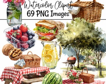 Picnic Clipart Watercolor Picnic Basket Digital Download Summer Illustrations Spring Wildflower Art Park BBQ Gingham Blanket Fruit Nuts