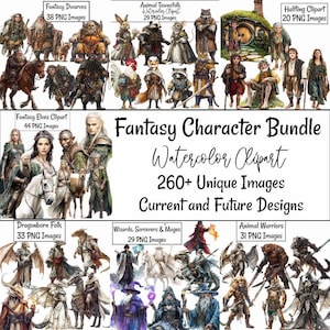 Huge Fantasy Character Clipart Bundle Character Class Unique Watercolor Designs, RPG Gaming Villagers Wizards Elves Dwarves Warriors