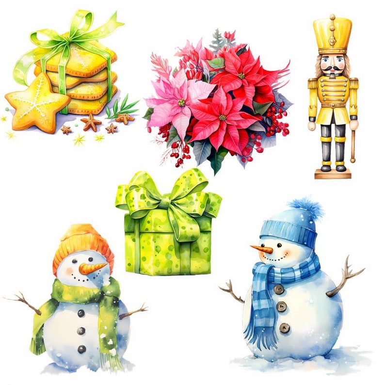 May include: A watercolor illustration of a Christmas scene with a snowman, a nutcracker, a gift, a poinsettia flower, and a stack of gingerbread cookies.