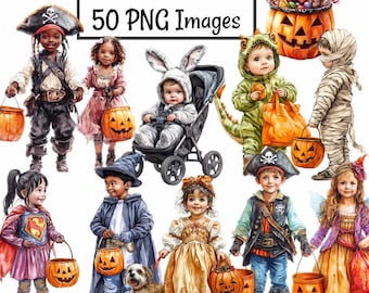 Dolcetto o scherzetto Halloween Clipart per bambini Bambini in costume Acquerello Download digitali Vestire Bambini Festa di Halloween, Uso commerciale