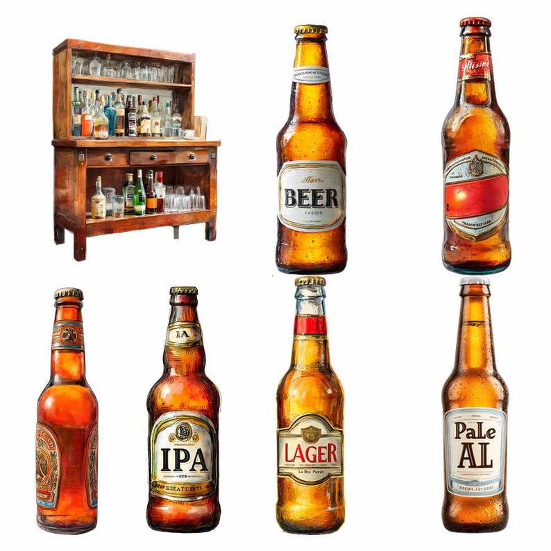 Beer Clipart Alcohol Digital Downloads Drinks Watercolor Bartender Overlay Beer bottles Lager Hops PNG Can Images Beverage Bar Distillery image 10