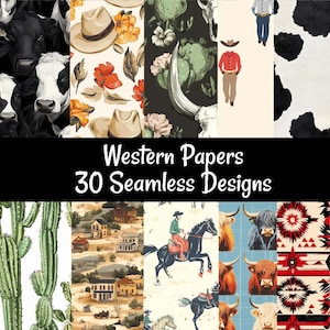 Western Seamless Digital papers, 30 Wild West Cowboy Cow Skull Patterns Download,  Backgrounds Boots Hats Cactus Horse Horse Prints
