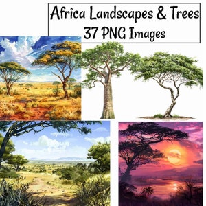 African Landscapes & Trees Digital Downloads,37 Serengeti Watercolor Safari Jungle Savanna, Sunset Africa Nature Congo Ethiopia Nile Sahara