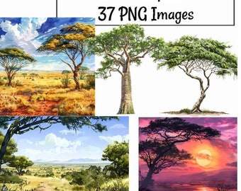 Afrikanische Landschaften & Bäume Digitale Downloads, 37 Serengeti Aquarell Safari Dschungel Savanne, Sonnenuntergang Afrika Natur Kongo Äthiopien Nil Sahara