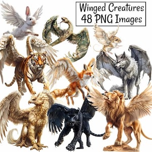 Winged Creatures Clipart RPG Watercolor Flying Mythical Fantasy Folklore Greek Mythology Supernatural Fairy Tale Legendary Dragon monster