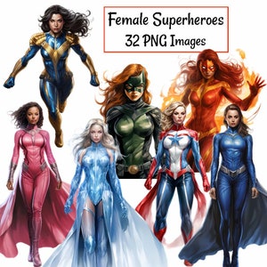 Female Superhero Clipart Watercolor  Girl Comic Hero Digital Download Diverse Women Ladies Warriors, Superhero Art Commercial Use