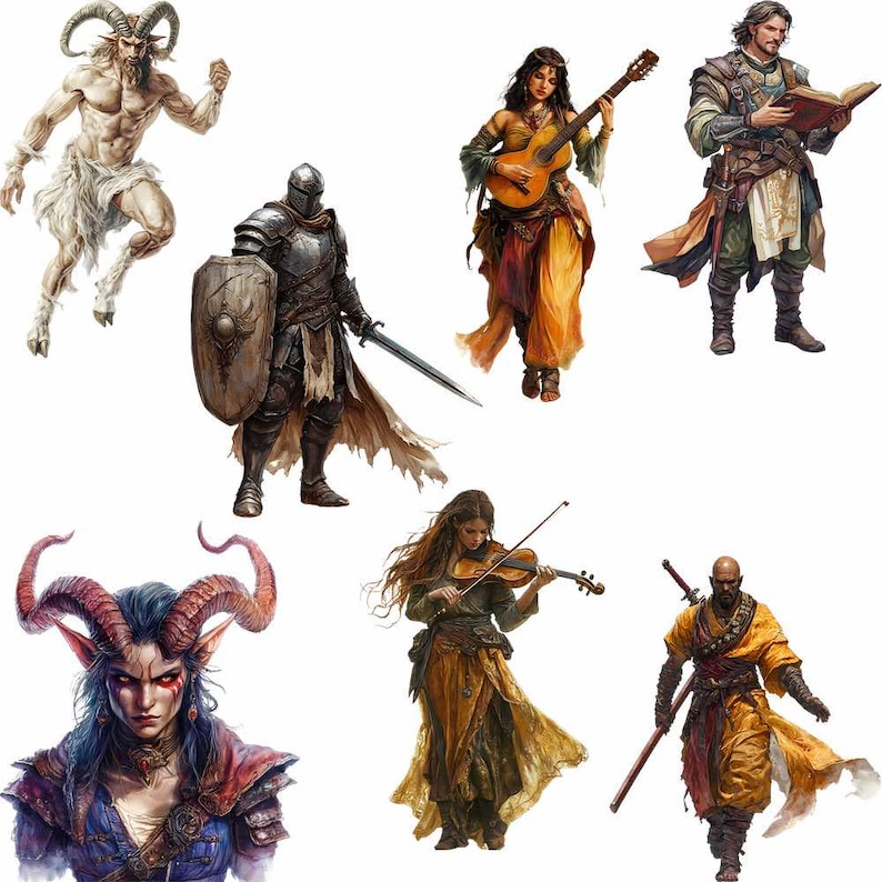 May include: A group of eight fantasy characters, including a goat-like creature, a knight in armor, a woman playing a guitar, a man reading a book, a woman playing a violin, a man with a staff, and a demon with horns.