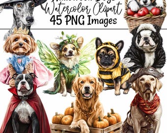 May include: Watercolor clipart featuring various dog breeds dressed in Halloween costumes. The image includes dogs in witch hats, fairy wings, bee costumes, pirate attire, and vampire capes. Text reads "Halloween Dogs Watercolor Clipart 45 PNG Images."