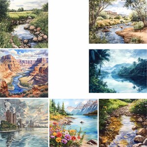 K&ouml;nnte beinhalten: Eine Sammlung von Aquarell-Landschaftsbildern mit verschiedenen Naturszenen. Die Bilder zeigen einen Fluss, einen Canyon, einen See mit Bergen, eine K&uuml;stenstadt und eine tropische Flussszene. Die Gem&auml;lde zeigen eine Reihe von Farben und nat&uuml;rlichen Elementen.
