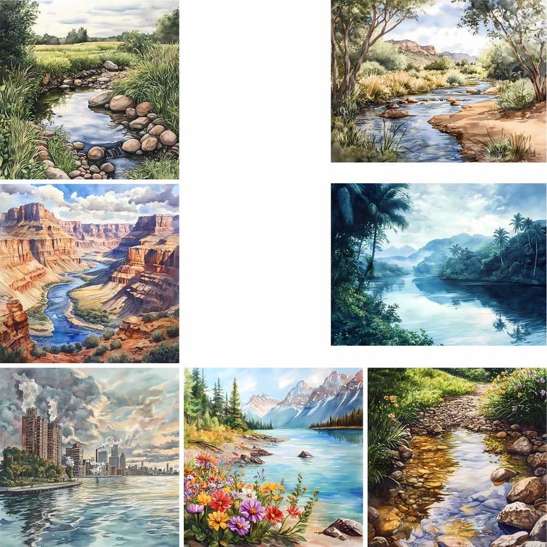 K&ouml;nnte beinhalten: Eine Sammlung von Aquarell-Landschaftsbildern mit verschiedenen Naturszenen. Die Bilder zeigen einen Fluss, einen Canyon, einen See mit Bergen, eine K&uuml;stenstadt und eine tropische Flussszene. Die Gem&auml;lde zeigen eine Reihe von Farben und nat&uuml;rlichen Elementen.