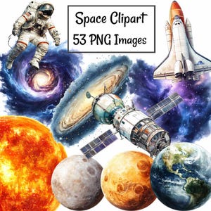Op de afbeelding: Een kleurrijke illustratie van de ruimte met een spaceshuttle, een astronaut, planeten en een satelliet. De tekst "Space Clipart 53 PNG Images" staat bovenaan in het midden van de afbeelding.
