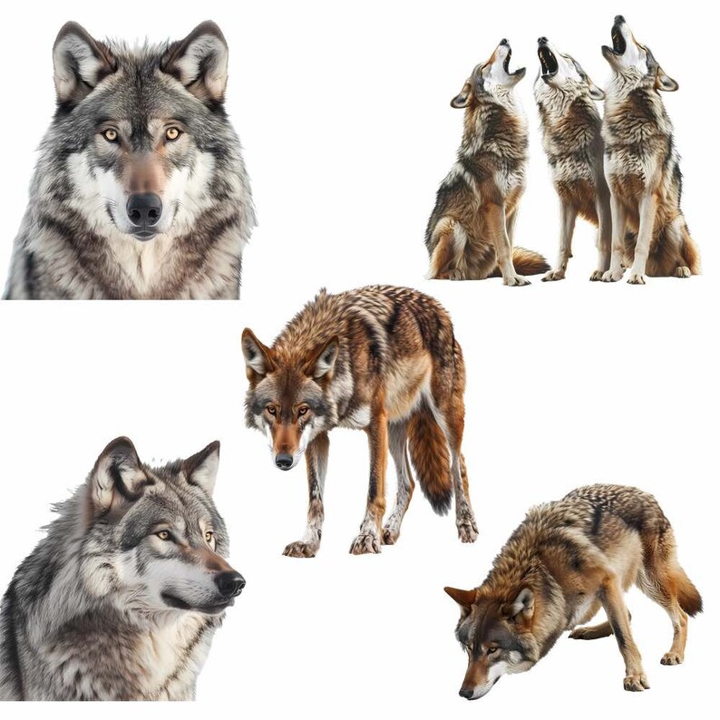 May include: A collection of five wolves howling at the moon. The wolves are all different colors, including gray, brown, and black. They are all standing on a white background.