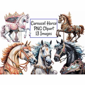 Aquarell Pferd Karussell Clipart Digitale Downloads, 13 Fantasy Karussell verzierten Tier Märchen Karussell Fair Overlay Transparent