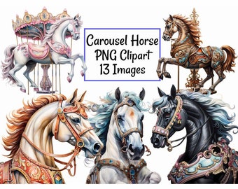 Watercolor Carousel Horse Clipart Digital Downloads, 13 Fantasy Carousel Ornate Animal Fairy Tale Merry-Go-Round Fair Overlay Transparent