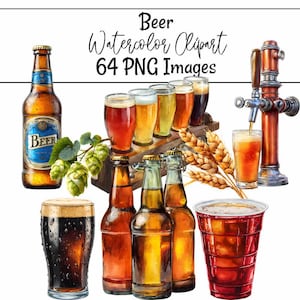 Beer Clipart Alcohol Digital Downloads Drinks Watercolor Bartender Overlay Beer bottles Lager Hops PNG Can Images Beverage Bar Distillery image 1