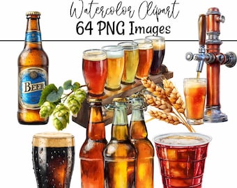 Beer Clipart Alcohol Digital Downloads Drinks Watercolor Bartender Overlay Beer bottles Lager Hops PNG Can Images Beverage Bar Distillery