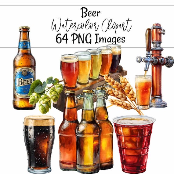 Beer Clipart Alcohol Digital Downloads Drinks Watercolor Bartender Overlay Beer bottles Lager Hops PNG Can Images Beverage Bar Distillery