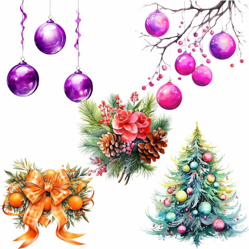 May include: A watercolor painting of various Christmas decorations, including a Christmas tree with colorful ornaments, a wreath with a bow and oranges, a bouquet of pine branches with a red rose and pine cones, and a branch with pink ornaments.