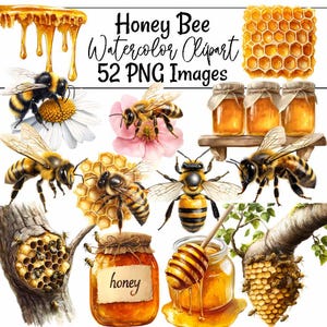 May include: Watercolor clipart set of honey bees, honeycombs, and honey jars. The set includes bees flying, crawling, and sitting on honeycombs. There are also jars of honey with honey dripping from them. The set is perfect for creating digital or printed projects.