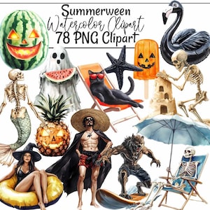 Summerween clipart Halloween Summer Watercolor Art Scary Spooky Digital Downloads Spooky Beach Pool Illustrations Creature Gothic Dark Art