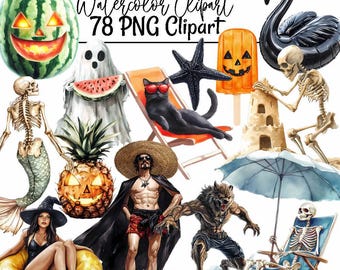Summerween clipart Halloween Summer Watercolor Art Scary Spooky Digital Downloads Spooky Beach Pool Illustrations Creature Gothic Dark Art
