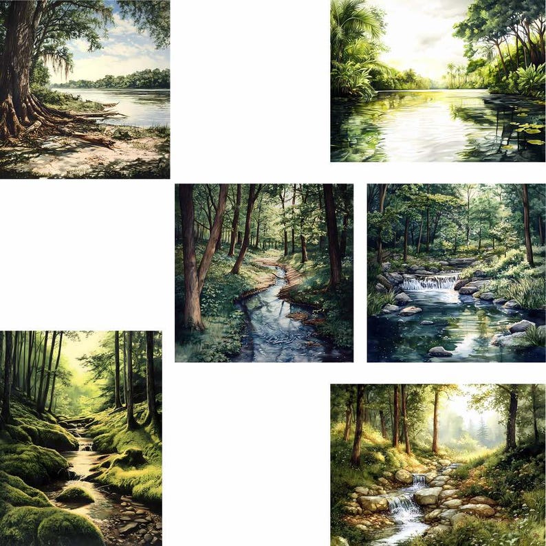 K&ouml;nnte beinhalten: Eine Sammlung von sechs Landschaftsbildern, die ruhige Wald- und Wasserszenen darstellen. Die Kunstwerke zeigen &uuml;ppiges Gr&uuml;n, flie&szlig;ende B&auml;che und ruhige Gew&auml;sser mit unterschiedlichen Licht- und Schatteneffekten. Die Gem&auml;lde evozieren ein Gef&uuml;hl von Frieden und nat&uuml;rlicher Sch&ouml;nheit.